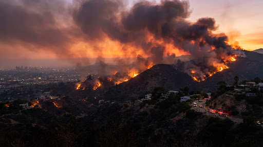 Wildfire burning dramatically across hills of Los Angeles