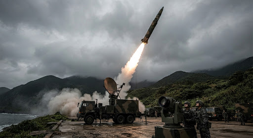 Ballistic missile launch training into cloudy sky