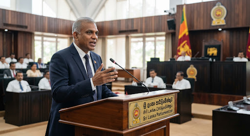Sri Lankan parliament hall with MPs at the podium